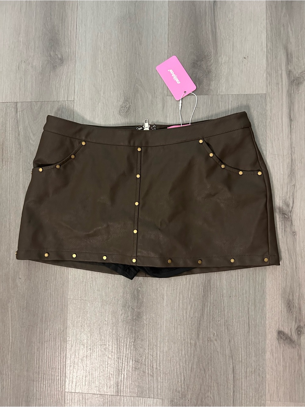 Edikted Brown Faux Leather Mini Skirt with Gold Studs